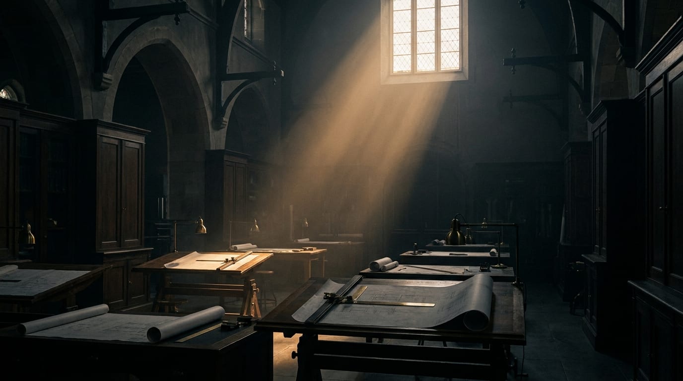 A quiet atelier interior in warm light, drafting tools resting on a worktable.