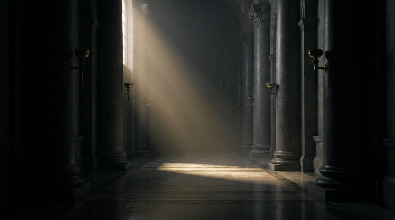 A single brass-lit monolith standing in deep shadow, suggesting engineered authority.