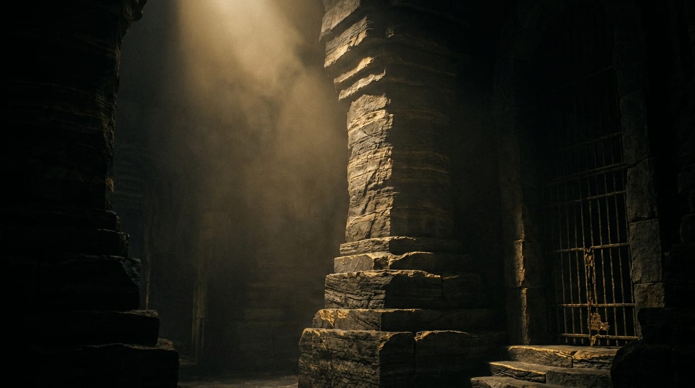A single dark monolith standing in stillness, lit along one edge by a low brass light.