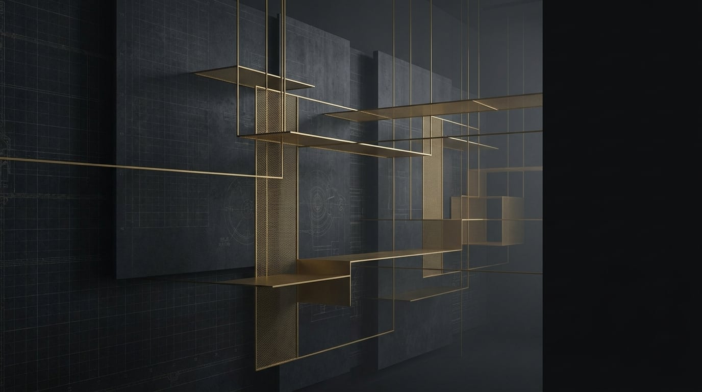 Interlocking structural systems rendered in brass against deep charcoal.