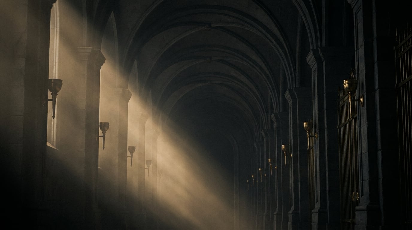 A vaulted stone corridor receding into shadow with a single shaft of brass light.