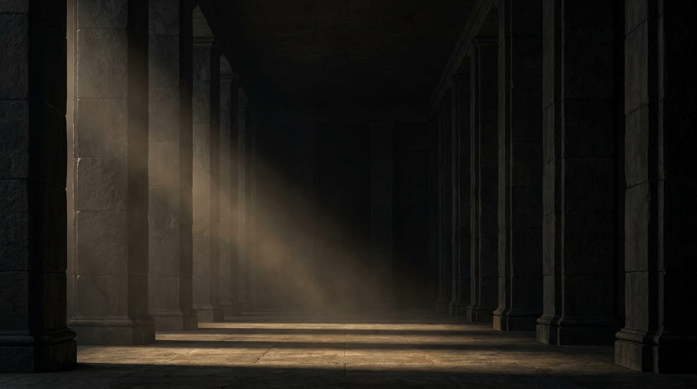 A monumental dark stone colonnade with a single shaft of brass light — the architecture of permanence.