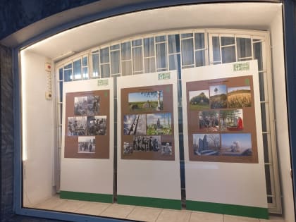 Выставка в окнах краеведческого музея, посвященная мемориалу «Колпачки – убитая деревня»