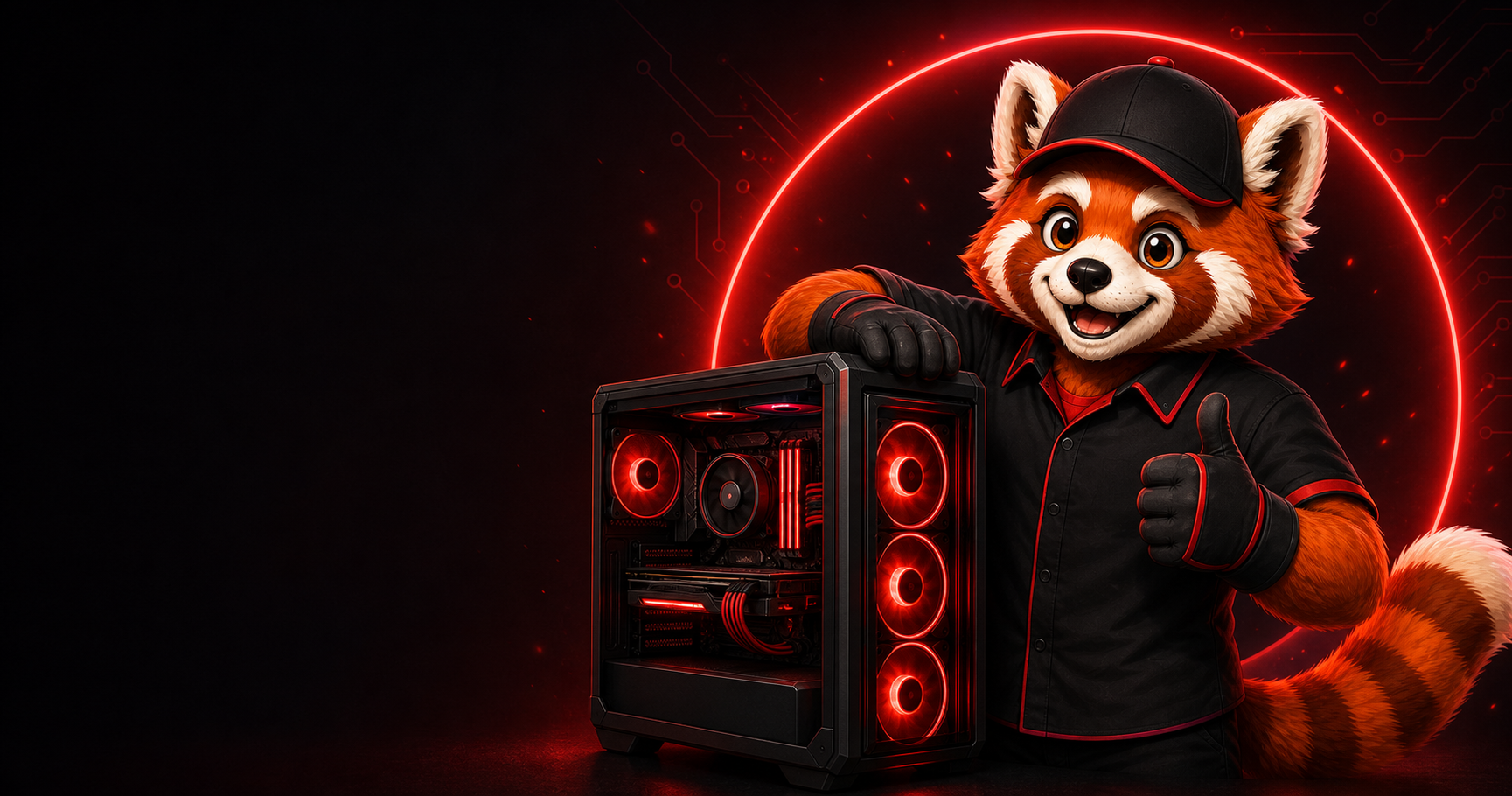 Red panda mascot presenting a clean red-lit gaming PC