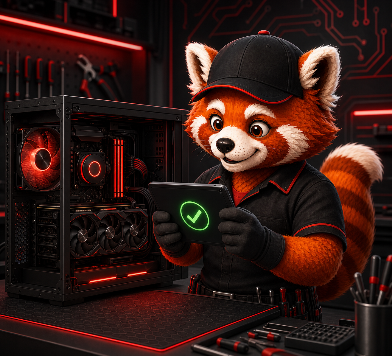 Red panda technician quality-checking a refurbished gaming PC