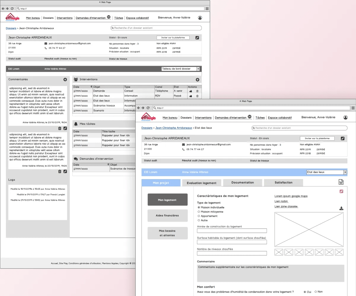 Desktop screen representing a multi windows page where whe can find all the building and user informations