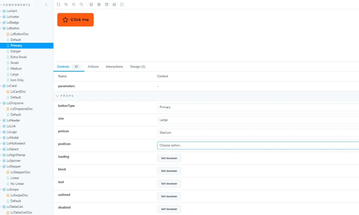 Picture of the "Button" component story in Storybook