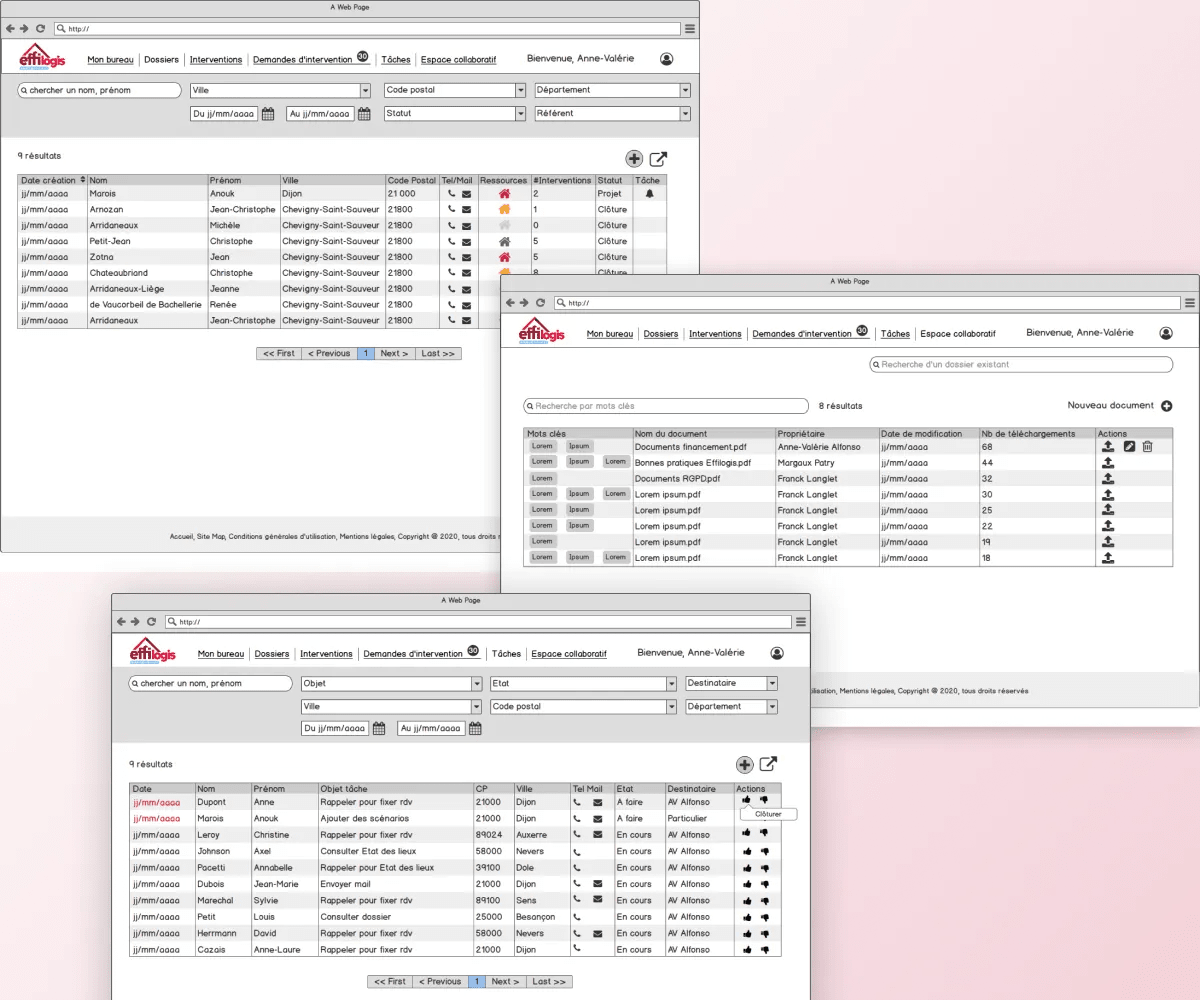 Three desktop screens from the "folders", "shared space", and "tasks" pages, each one is composed of filters, table and elements