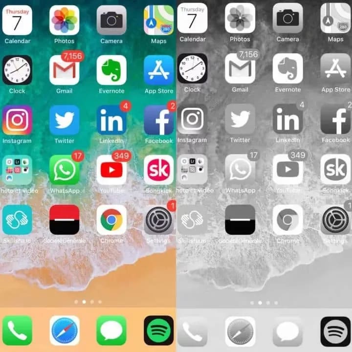 Comparison of the same IOS home screen with the basic colored version and a black and white version