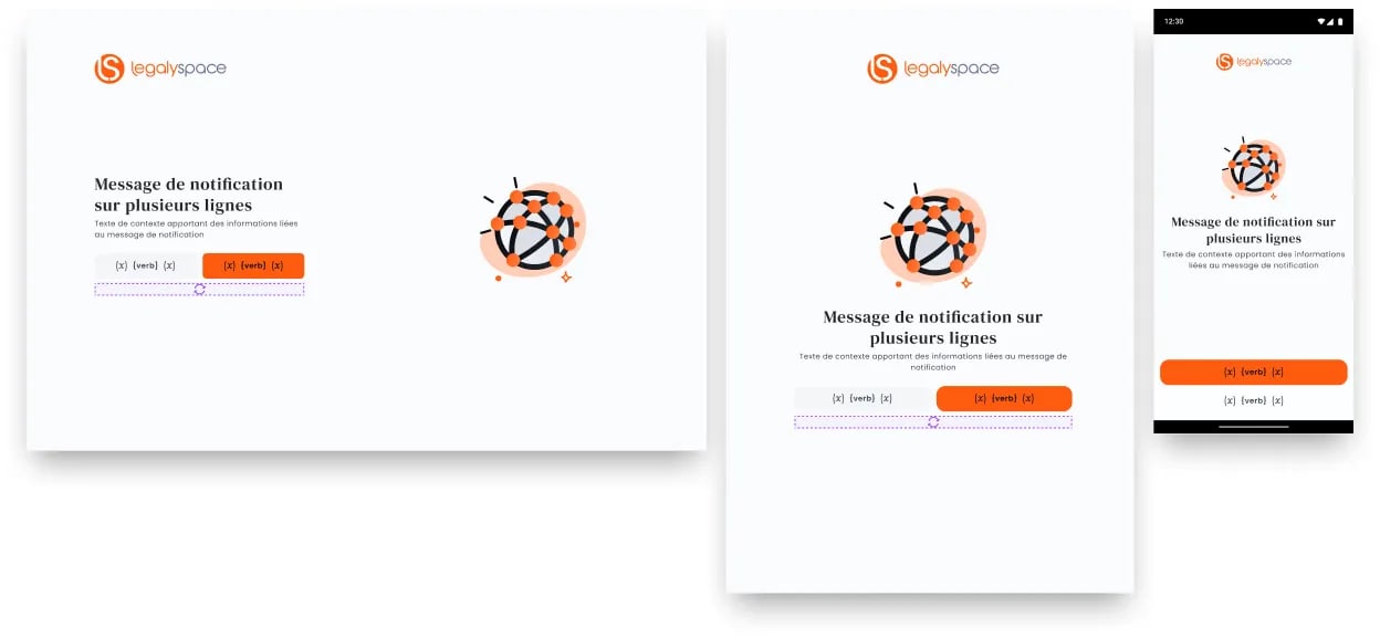 A Figma, cature screen where we can see 3 frames, 1 for desktop 1 for tablet and 1 for mobile where the message model page is represented with some differencies. For exemple, the action buttons are fixed at the bottom in the mobile page