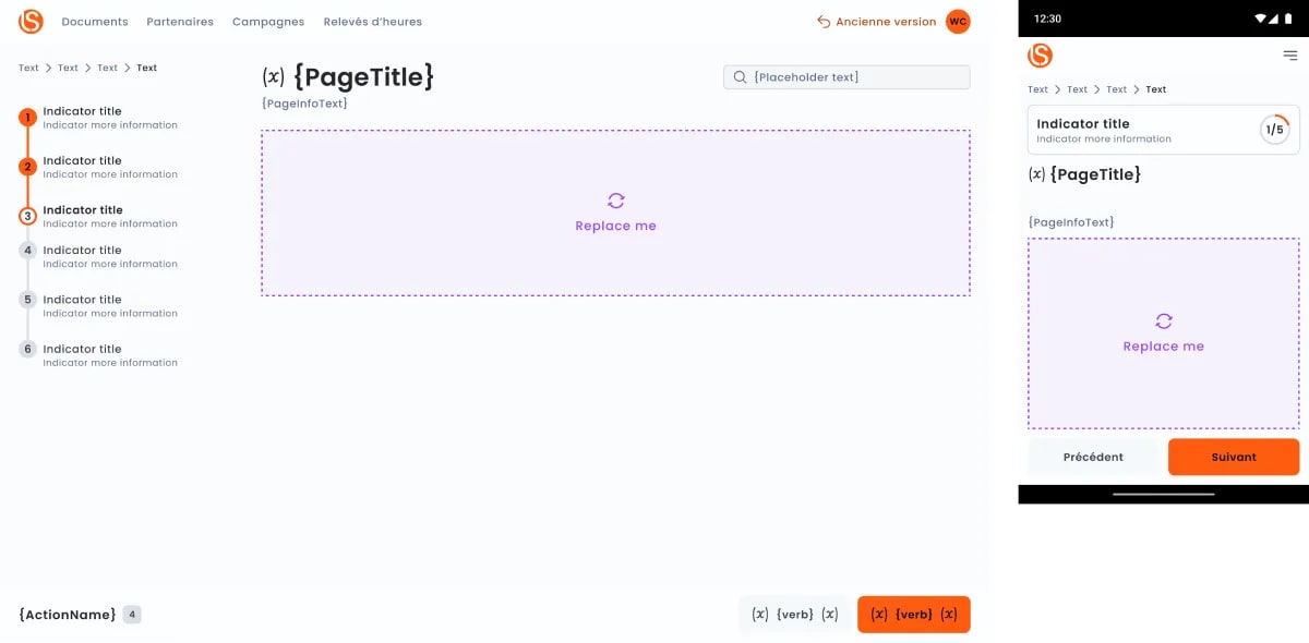 A Figma, cature screen where we can see 2 frames, 1 for desktop and 1 for mobile where the stepper component is represented in a vertical way for the desktop and a horizontal and condensed way for mobile