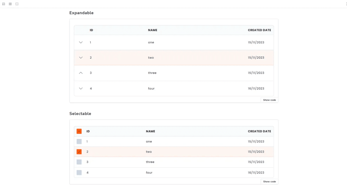 Storybook table component with the selectable and the expandable versions