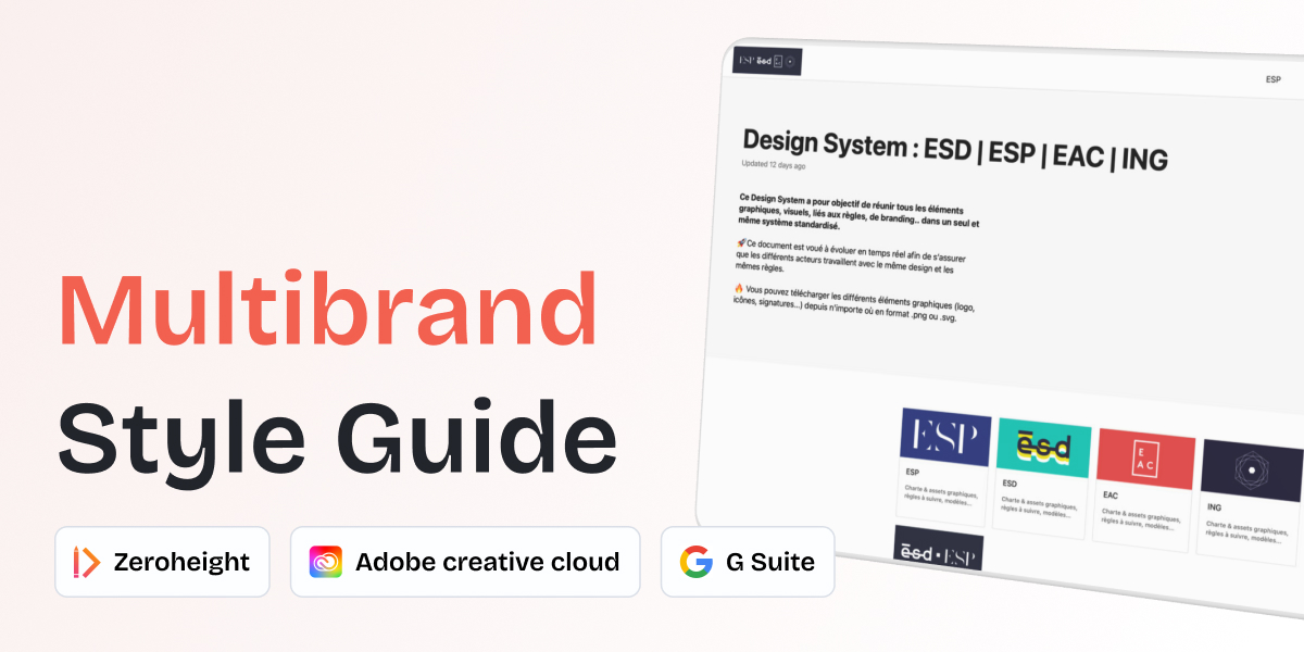 A cover visual where we can see the homepage of the style guide, a title "multibrand style guide" and the three tools used "zeroheight", "adobe creative cloud" and "google g suite"