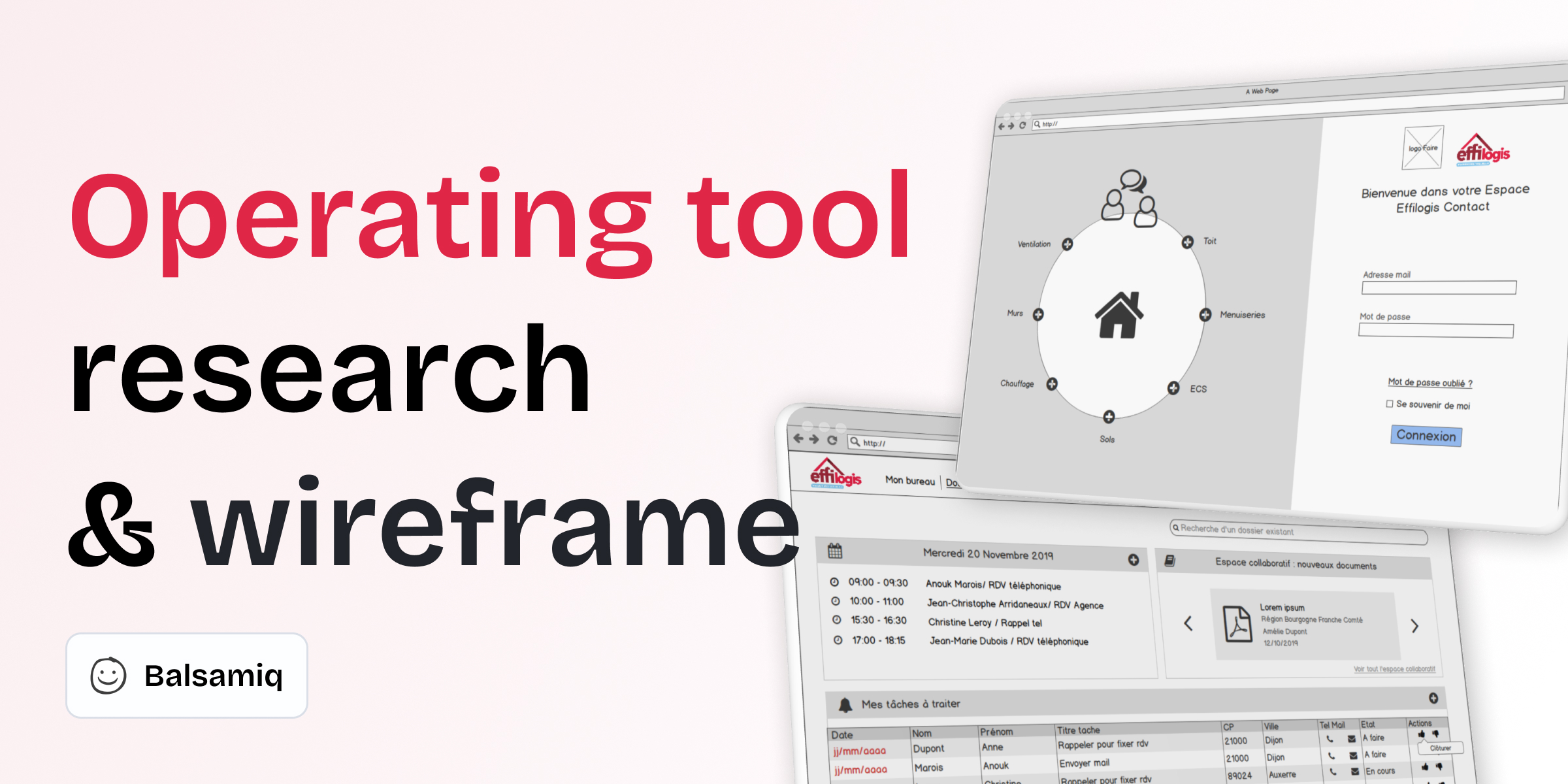 Visual with two desktop screen representing a login and a dashboard screen and a title where it's writen "operating tool research & wireframe"