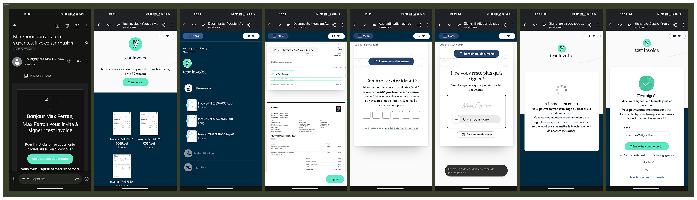 Captures d'écrans du processus de signature chez Yousign