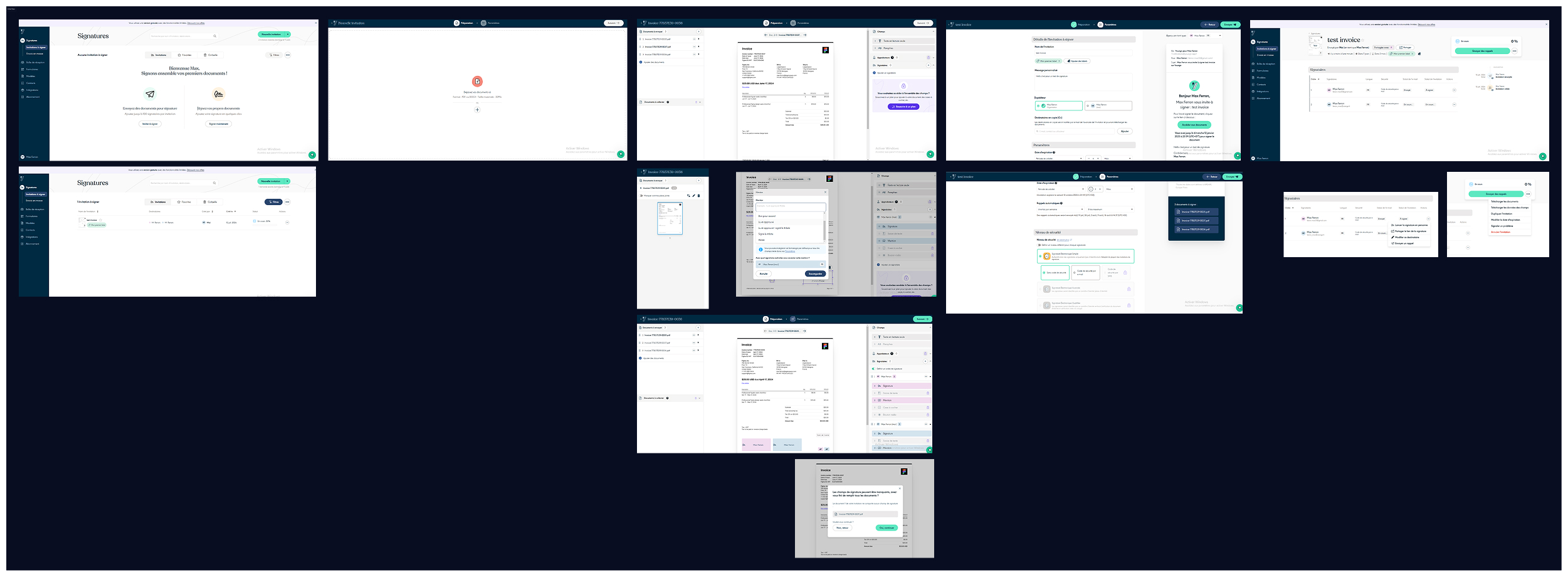 Captures d'écrans du processus de signature chez Yousign