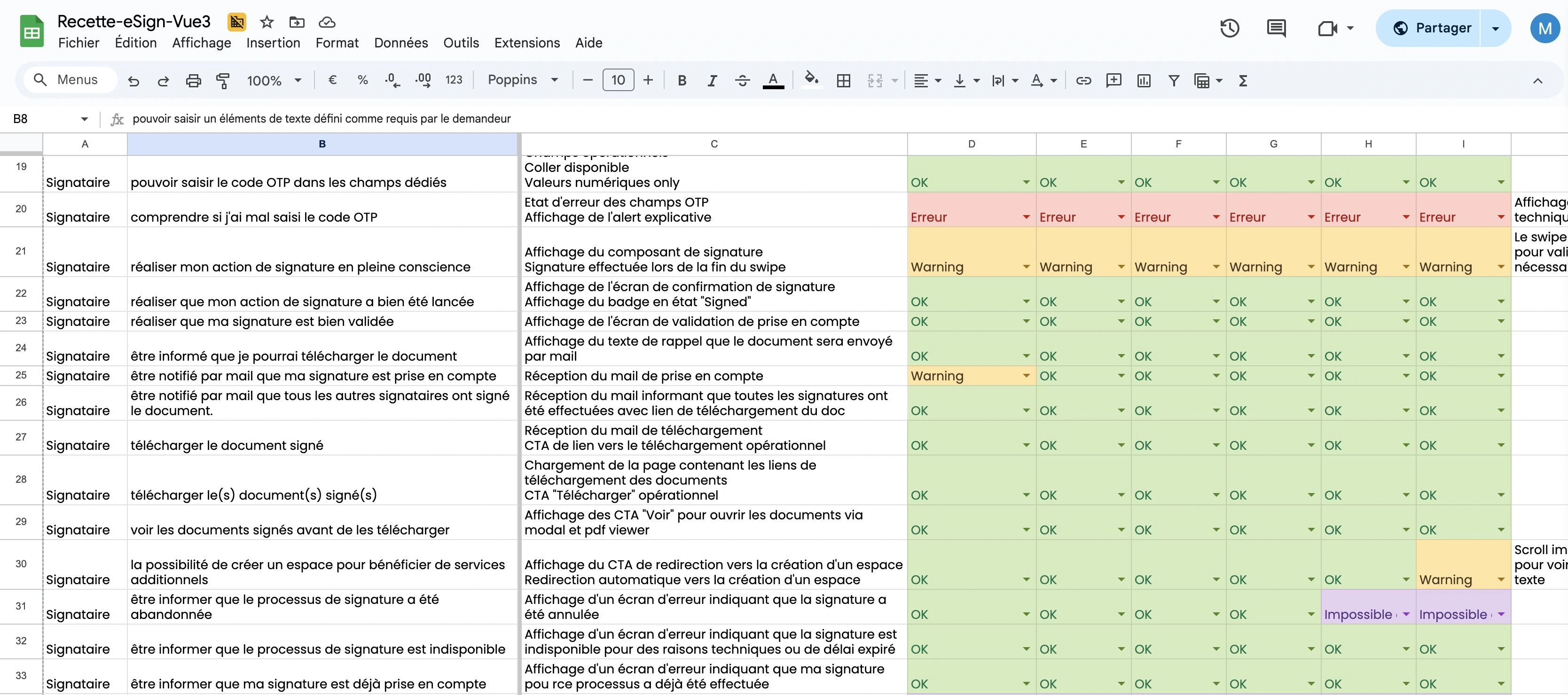 Aperçu du fichier Google Sheet du cahier de recette pour les tests eSign