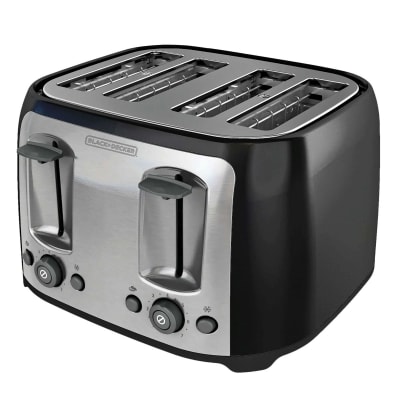 BLACK+DECKER 4-Slice Toaster in black and brushed stainless steel, showing four wide slots with self-centering guides, dual independent levers, and separate shade selector dials for each side