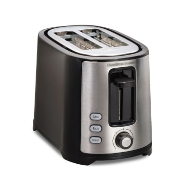 Hamilton Beach 2-Slice Toaster in black stainless steel, with labeled Cancel, Bagel, and Defrost buttons and a 6-setting shade dial — compact footprint with two extra-wide slots