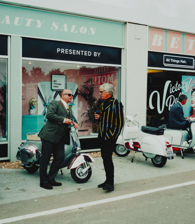 Guys at Betty's with their Vespa at Goodwood Revival