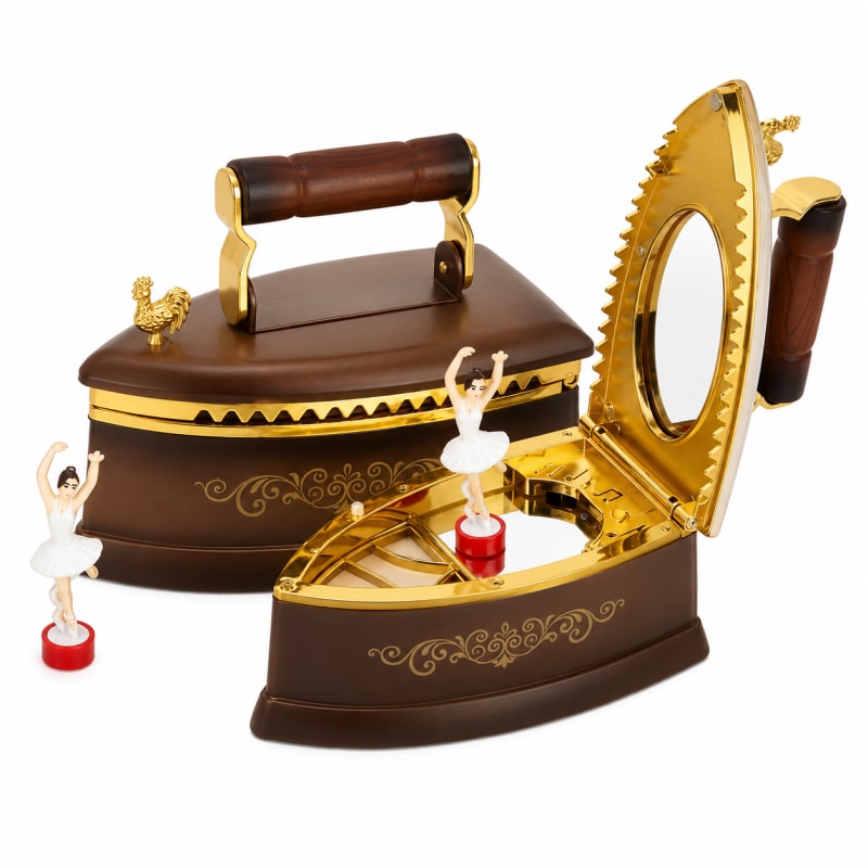 Vintage Steam Iron Music Box with Rotating Ballerina & LED Lights