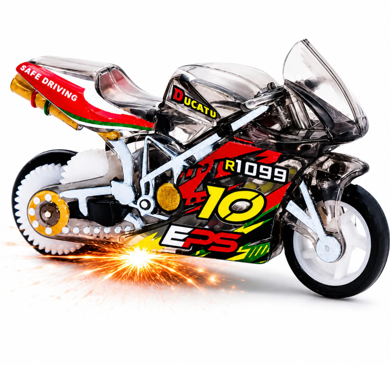 Spark Bike Keychain – Friction Powered Stunt Motorcycle Toy with Spark Effect