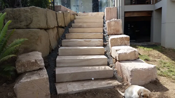 Diamond Sawn Sandstone Steps with B Grade Premium Sandstone Boulder Retaining Walls