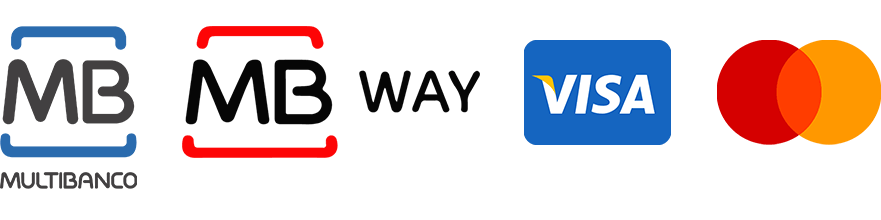 Métodos de pagamento: Multibanco, MBWay, Visa, Mastercard