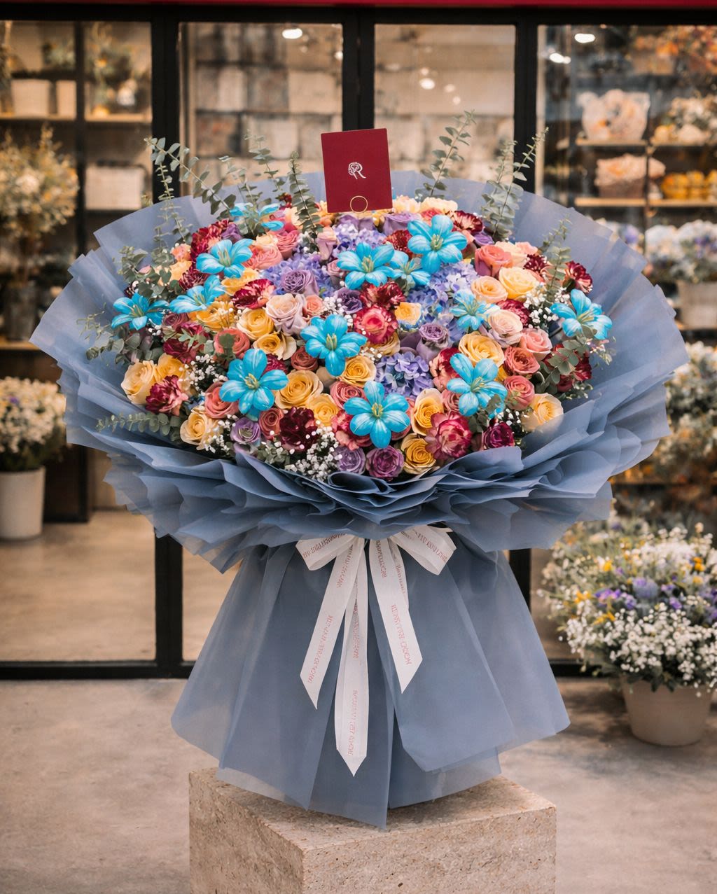 Blue Sonata - Blue tulips, hydrangea & fanta carnation with peach, purple & pink import roses. - Rena The Blossom Jakarta