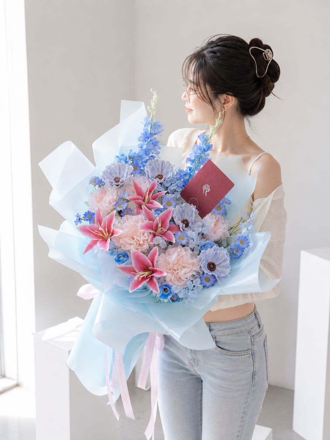 Bluebell Dream - Delphinium, blue aster & baby ranunculus with pink & blue peony — bluebell dream. - Rena The Blossom Jakarta