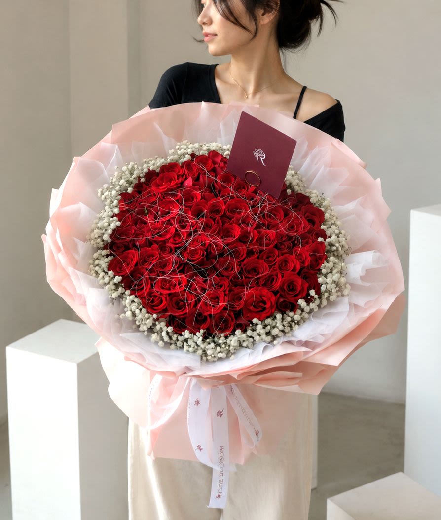 Classic Red - 100 red roses & baby's breath — the classic that defined romance and never stopped. - Rena The Blossom Jakarta