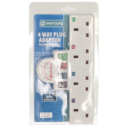 Plug-in 4 Way Mains Adaptor: Separate Colour Coded On/Off Switches And Neon