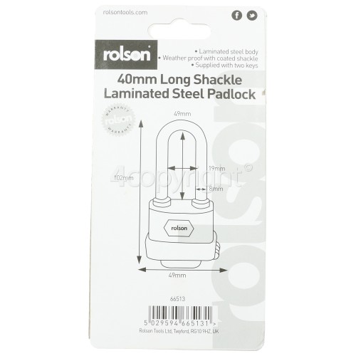 Rolson 40mm Long Shackle Weatherproof Steel Padlock