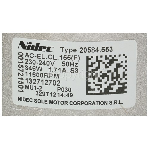 Tricity Bendix Commutator Motor : Nidec Sole Type 20584.553 AC-EL.CL.155(F) 346W 11600RPM