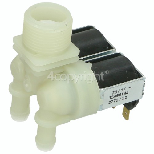 Hotpoint 9519W Cold Water Double Solenoid Inlet Valve : 180Deg. With 12 Bore Outlets