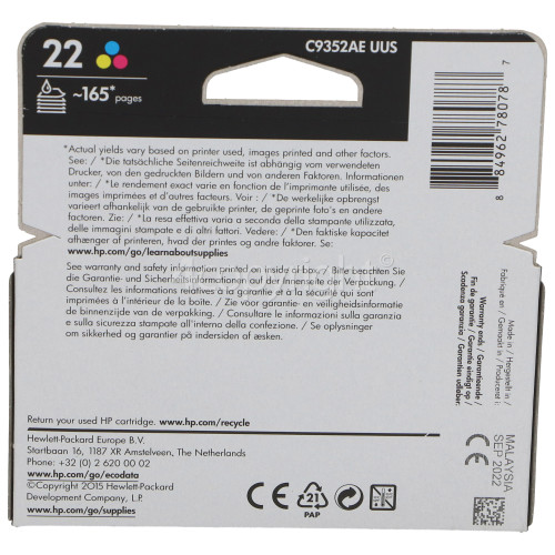 Hewlett Packard Genuine No.22 Colour Ink Cartridge (C9352AE)