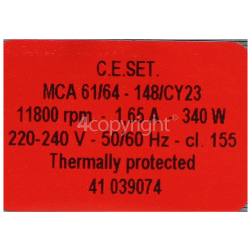 Hoover Commutator Motor : C.E.SET MCA 61/64 148/CY23 340W 18000RPM