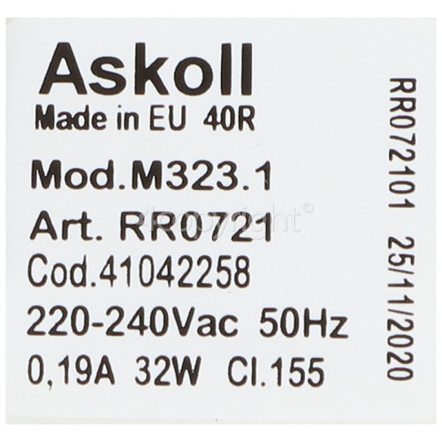 Hoover / Candy / Haier Drain Pump Assembly : Askoll M323.1 Art No RR0716 32w Or Hanyu B25-6AZC