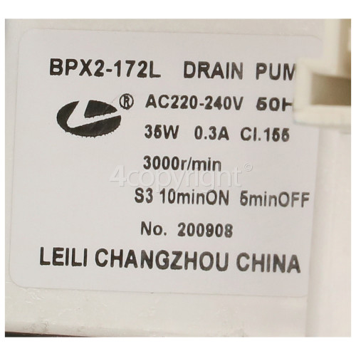 Indesit Drain Pump Assembly ( No Flap ) Short Housing : Leile Changzhou BPX2-172L 35W 220-240V 0.3A 3000RPM