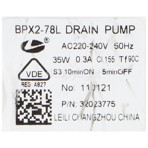 K814WMT18 Drain Pump Assembly : Leili Changzhou BPX2-78L 35w 50 Hz.