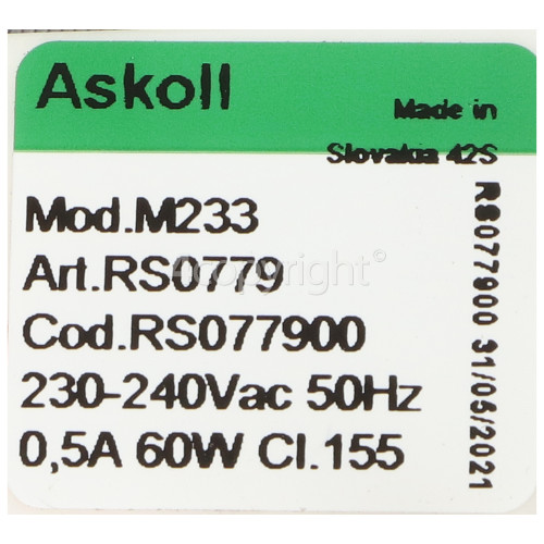 Wash Pump Motor Assembly : Askoll Mod M233 Art RS0594 60w