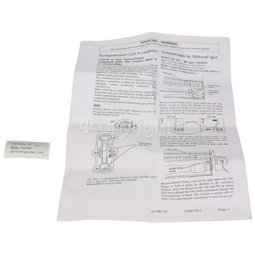 Rangemaster Lpg To Natural Gas Injector Convertion Kit / Set