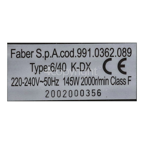 Rangemaster 6305 CH90 Electric black/chrome badge - upto serial number 100000 Fan Motor : Faber 991.0352.089 145w 2000rpm