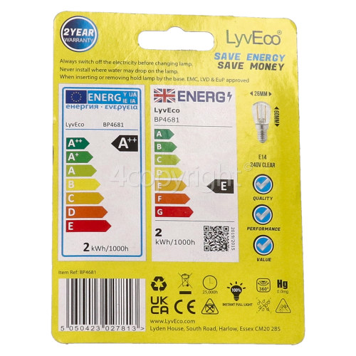 LyvEco 2W Fridge LED Lamp SES / E14 240V