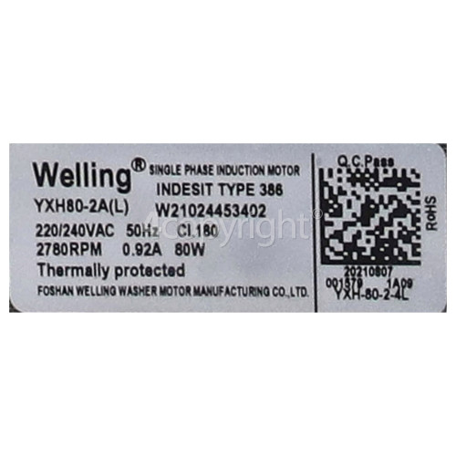 Hotpoint T/D Motor : Welling Type 386 YXH80-2A(L) : Motor & Cradle & Capacitor