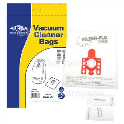 FJM Filter-Flo Synthetic Dust Bags (Pack Of 5 With 2 Cut To Size Filters) - BAG306