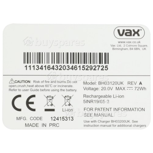 Vax LithiumLif® Staubsauger-Akku : MFG CODE 12415313 MODELL BH03120UK 20V