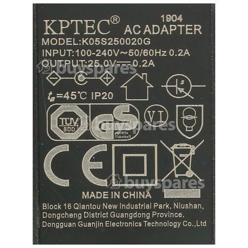 Euro Ac Adaptor / Transformer 2PIN EURO ; Kptec INPUT 100V To 240V OUTPUT 25V