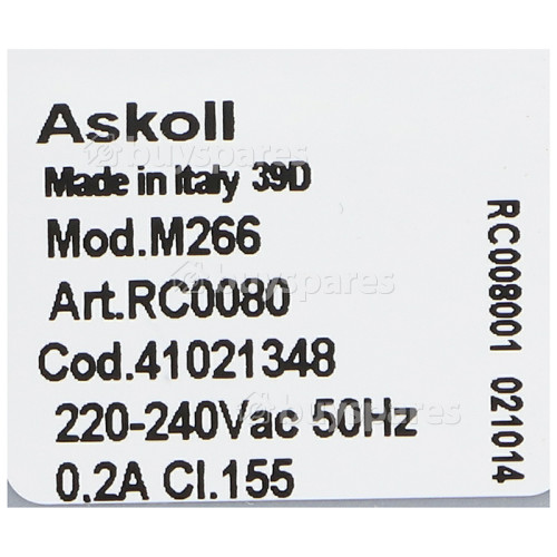 Hoover Drain Pump Assembly : Askoll M266 Art. RC0080