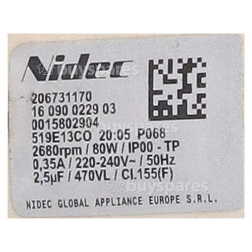 Bauknecht Wash Pump Motor : Nidec Sole 206731170 2680RPM 80W